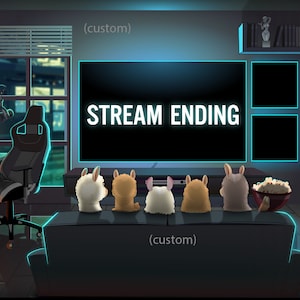 May include: A dark room with a large screen displaying the text "STREAM ENDING". Five cartoon llamas are sitting on a sofa watching the screen. The room is decorated with a gaming setup, a window with a city view, and various posters.