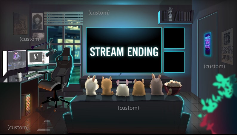 May include: A dark room with a large screen displaying the text "STREAM ENDING". Five cartoon llamas are sitting on a sofa watching the screen. The room is decorated with a gaming setup, a window with a city view, and various posters.