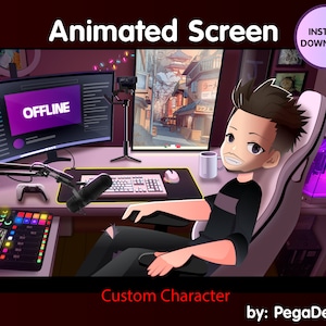 Pode incluir: Tela animada mostrando a configuração de um streamer com uma tela Twitch offline roxa e branca, um microfone, um teclado, uma cadeira de jogo e um personagem personalizado sentado na cadeira. O fundo mostra uma cidade de estilo anime.
