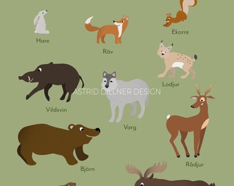 Print on demand. Poster with Swedish woodland animals on photo paper. Physical product.