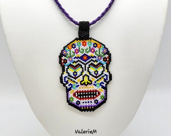 Handwoven Handmade Peyote Skull Necklace, Original Design, Day Of The Dead Beaded Pendant