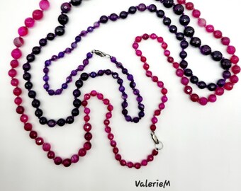 Hand Knotted Malaysia Jade Necklace, Purple & Fushia Gemstone, Sterling Silver Clasp