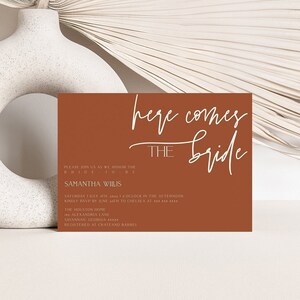 Terracotta Boho Bridal Shower Invitation Template, Classic Bridal Shower Invite, Here Comes The Bride Shower Invitation, Instant Download
