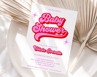70's Retro Baby Shower Invitation, Groovy Pink Baby Shower Invitation, Hippie Baby Shower Invite, Girl Baby Shower Invite, Instant Download