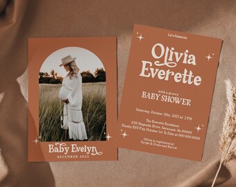 Retro Baby Shower Uitnodiging, Groovy 70's Baby Shower Uitnodiging, Gender Neutrale Baby Shower Uitnodiging, Bewerkbare Tekst, Instant Download