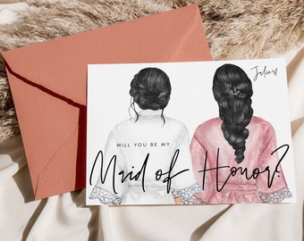 Tarjeta de propuesta de dama de honor moderna, propuesta de matrona de honor, mujeres en túnica nupcial y propuesta de matrona de honor, descarga instantánea