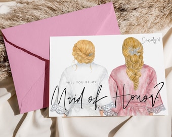Tarjeta de propuesta de dama de honor moderna, propuesta de matrona de honor, mujeres en túnica nupcial y propuesta de matrona de honor, descarga instantánea