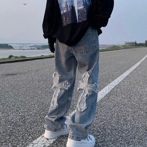 Y2k Cross Patchwork Baggy Wide Leg Jeans Pants Streetwear - Etsy