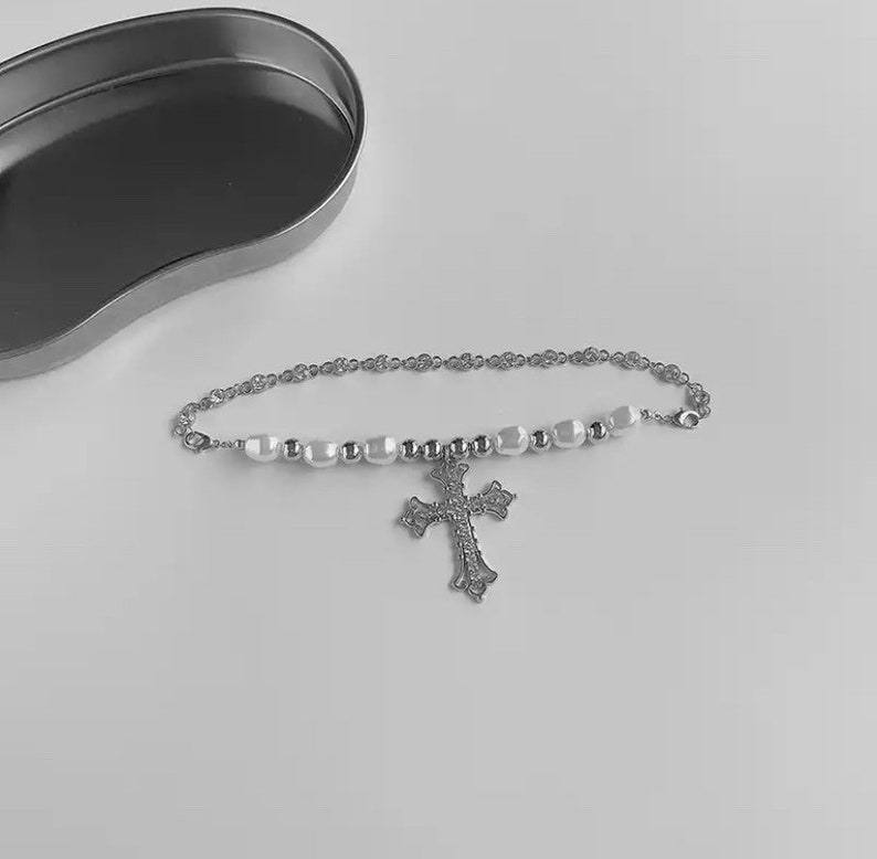 Y2K Cross Pearl Stainless Steel Necklace Choker Gothic Punk Etsy