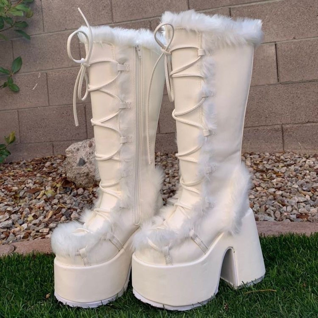 White Faux Fur Fluffy Winter Platform Boots Demonias Inspired - Etsy