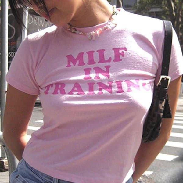 Pink MILF In Training Y2K Crop Tee, Funny Slogan Text T-shirt, Monogram Tee Crew Neck Short Sleeve Fit Baby Tee, Y2k Women's Streetwear Top