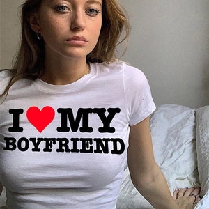 I Love My Boyfriend Crop White Tee, Y2K Funny Slogan T-shirt, Cropped Short Sleeve Harajuku Grunge Slim Y2k Top Punk Vintage Graphic T Shirt