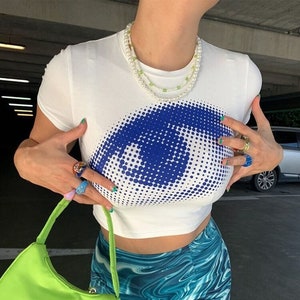 Y2K Eye Print Crop Tee, 90's aesthetics women's vintage crop top streetwear goth punk harajuku graphic print tee emo summer tee top white