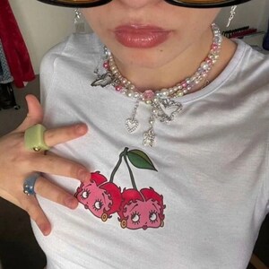 Cute Kawaii Cherry Dice y2k Crop Tops 90s Graphic Tees Women O-neck Short Sleeve Slim Baby Tee 2000s Trending Street Clothes White T Shirts