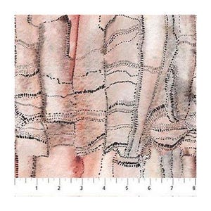May include: Abstract fabric with a watercolor effect. The design features vertical and horizontal lines with a dotted pattern in black, creating a grid-like structure. The color palette includes shades of pink, beige, and gray, with a ruler at the bottom.