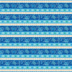 May include: A repeating pattern featuring marine life, including turtles, octopuses, seahorses, and starfish. The design incorporates various shades of blue, teal, and beige, arranged in horizontal stripes. The overall theme is nautical.