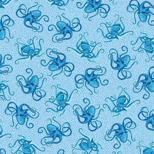 May include: A repeating pattern of blue octopuses on a light blue background with small white circles. The octopuses are detailed with shading and have curled tentacles, creating a whimsical design. This fabric is suitable for various craft projects.