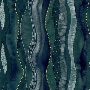 May include: A dark teal and navy blue fabric pattern featuring vertical, undulating watercolor waves. The design is accented with thin, white dotted lines, solid yellow dotted lines, and fine white vertical hatch marks throughout.