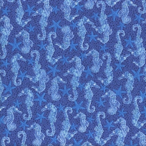 May include: A repeating pattern of light blue seahorses and dark blue starfish on a dark blue background. The seahorses have a detailed, almost skeletal appearance. The starfish are solid and five-pointed. The background has a subtle dotted texture.