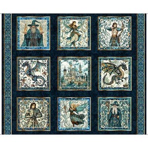 May include: A fabric panel featuring nine square illustrations with fantasy themes. Each square depicts a different scene, including wizards, dragons, castles, and mythical figures, all framed with ornate borders. The background is a dark blue with gold accents.