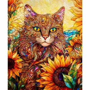 May include: A cat illustration featuring a stained glass aesthetic with vibrant orange, yellow, and brown tones. The cat has bright yellow eyes and is surrounded by large, detailed sunflowers with intricate patterns and colorful glass-like textures.
