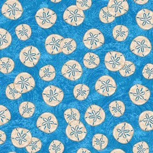 May include: A fabric pattern featuring a repeating design of sand dollars in varying sizes. The sand dollars are beige with blue accents, set against a vibrant blue background with a swirling texture. This design evokes a coastal or nautical theme.