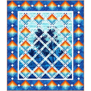 May include: A colorful quilt with a tropical theme. The quilt features a central image of palm trees against a blue and white background, framed by a white lattice pattern. The border is a repeating pattern of blue, orange, and yellow diamonds.