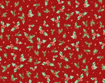 May include: Red fabric with a repeating pattern of green holly leaves and red berries. The background has a subtle white speckled pattern.