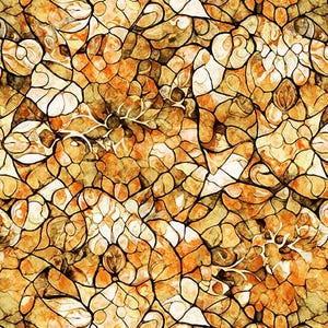 May include: Abstract pattern featuring a mosaic of organic shapes in shades of brown, orange, and cream. The design resembles stained glass or a natural stone formation, with dark lines defining the irregular shapes. The overall effect is warm and textured.