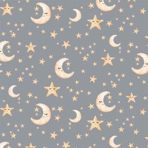 May include: A repeating pattern of smiling moons and stars on a gray background. The moons and stars have a watercolor texture and are in shades of beige and yellow. The stars are five-pointed and have closed eyes.