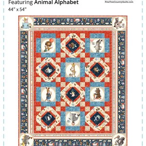 May include: A quilt pattern featuring an alphabet with animal illustrations. The quilt is made up of red, blue, and white squares with a cream-colored border. The quilt is 44 inches by 54 inches.