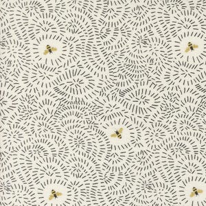 May include: Cream-colored fabric with a repeating pattern of black dashes radiating outwards from a central point. Scattered throughout are gold and black bee illustrations, creating a whimsical design.
