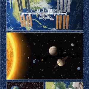 May include: A collage of space-themed images, including a galaxy, a spacecraft, a nebula, the International Space Station, a solar system, a moon, a planet, and an astronaut in space.