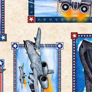 May include: A detailed illustration of military aircraft, including a gray A-10 Thunderbolt II, set against a backdrop of blue skies and patriotic stars. The artwork features a stylized, artistic rendering of the planes.