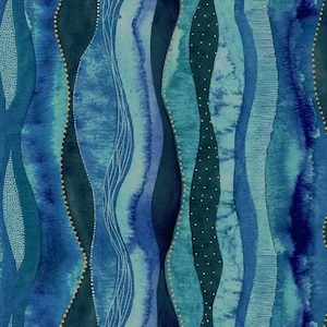 May include: A fabric pattern featuring vertical, undulating waves in shades of deep navy, teal, and light blue. The design incorporates gold dotted lines, white stippled textures, and fine white linear details that create a layered, fluid visual effect.