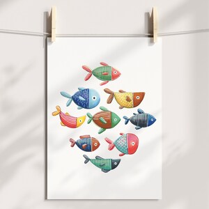 Affiches poissons multicolores, feutre à l'alcool et prismacolor, décoration murale