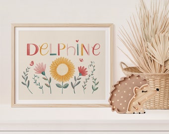 Personalized name print Flowers, illustration, baby child room decoration