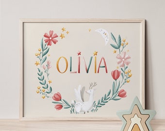 Stampa personalizzata del nome Corone, unicorno, fiori, foglie, illustrazione, decorazione della stanza dei bambini