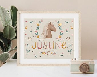 Horse personalized name print, illustration, baby child room decoration