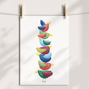 Mehrfarbige Vogelposter, Alkoholfilz und prismacolor, Wanddekoration