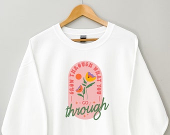 Felpa con stampa di fiori selvatici "Grow Positive Thoughts": felpa con cappuccio alla moda per la salute mentale