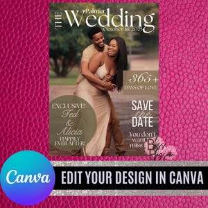 Plantilla para guardar la fecha de una revista DIY; detalles de la boda; plantilla de Canva
