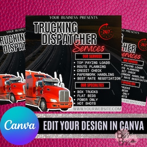 Puede incluir: Un folleto negro y rojo con un camión rojo de plataforma. El folleto anuncia servicios de despacho de camiones. El texto del folleto dice "Servicios de despacho de camiones" y enumera servicios como las mejores tarifas, la planificación de rutas, la verificación de crédito, el manejo de documentos, la mejor negociación de tarifas y más. El folleto también enumera especialidades como camiones de caja, plataformas, solo potencia y entregas rápidas. El folleto incluye la dirección del sitio web "www.yourwebsite.com".