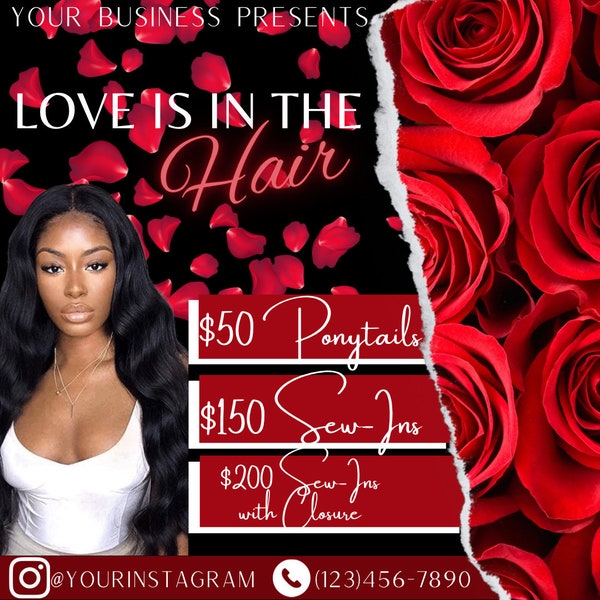 Red Love Is In The Hair DIY Valentines Booking Flyer Bundle, February Flyer, Shop Now Flyer, Hair Flyer, Boutique Flyer