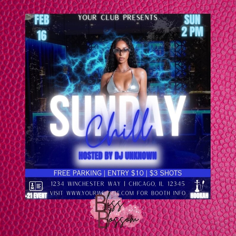 Puede incluir: Un folleto promocional para un evento dominical, con una mujer con un top plateado. El folleto tiene el texto "SUNDAY Chill" y "HOSTED BY DJ UNKNOWN". El texto adicional incluye la fecha, la hora y el lugar.