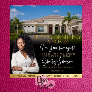 Könnte beinhalten: Immobilienanzeige mit einer Frau im Blazer vor einem Haus. Der Text lautet "Buying or Selling a Home? I'm your homegirl!" und enthält Kontaktinformationen für Shelby Johnson, eine Immobilienmaklerin in Houston, TX.