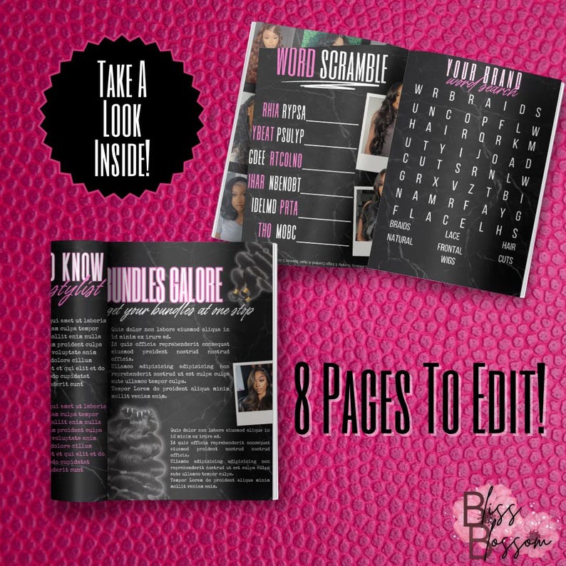 May include: A black and white printable booklet with the title "Take a Look Inside!" and "Know Your Stylist" on the front cover. The booklet has a pink background and the text "8 Pages to Edit!" is printed on the bottom right corner. The booklet is for hair stylists and includes a word scramble and word search.