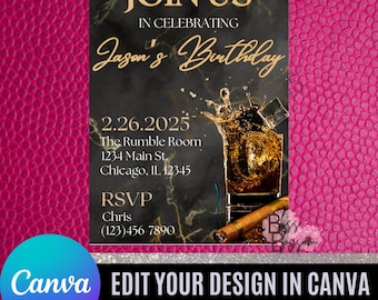 DIY Whiskey and Cigar Birthday Party Invite; Men's Party Invite; Men Birthday Dinner Party