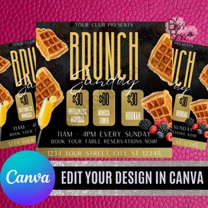 May include: A black and gold flyer with the text "Brunch Sunday" in gold letters. The flyer advertises bottomless mimosas, a mimosa tower, hookah, and brunch for £30. The flyer also includes the text "Your Club Presents" and "Bliss Blossom Presents".