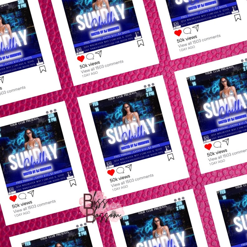 Puede incluir: Una cuadr&iacute;cula de publicaciones en redes sociales con un dise&ntilde;o azul y blanco que promociona un evento dominical llamado "Chill". Cada publicaci&oacute;n incluye una foto de una mujer, detalles del evento y un icono de coraz&oacute;n.